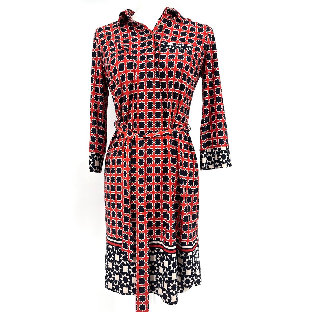 Donna Morgan Geometric Print Belted‎ Shirt Dress Women Size 6 Red Navy